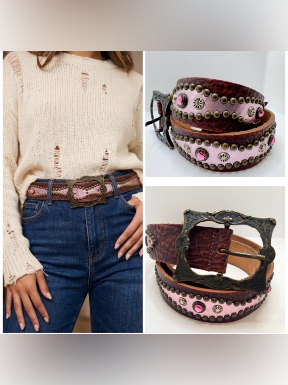 Streets Ahead Women’s Brown Studded Rhinestones Boho Belt Leather Medium